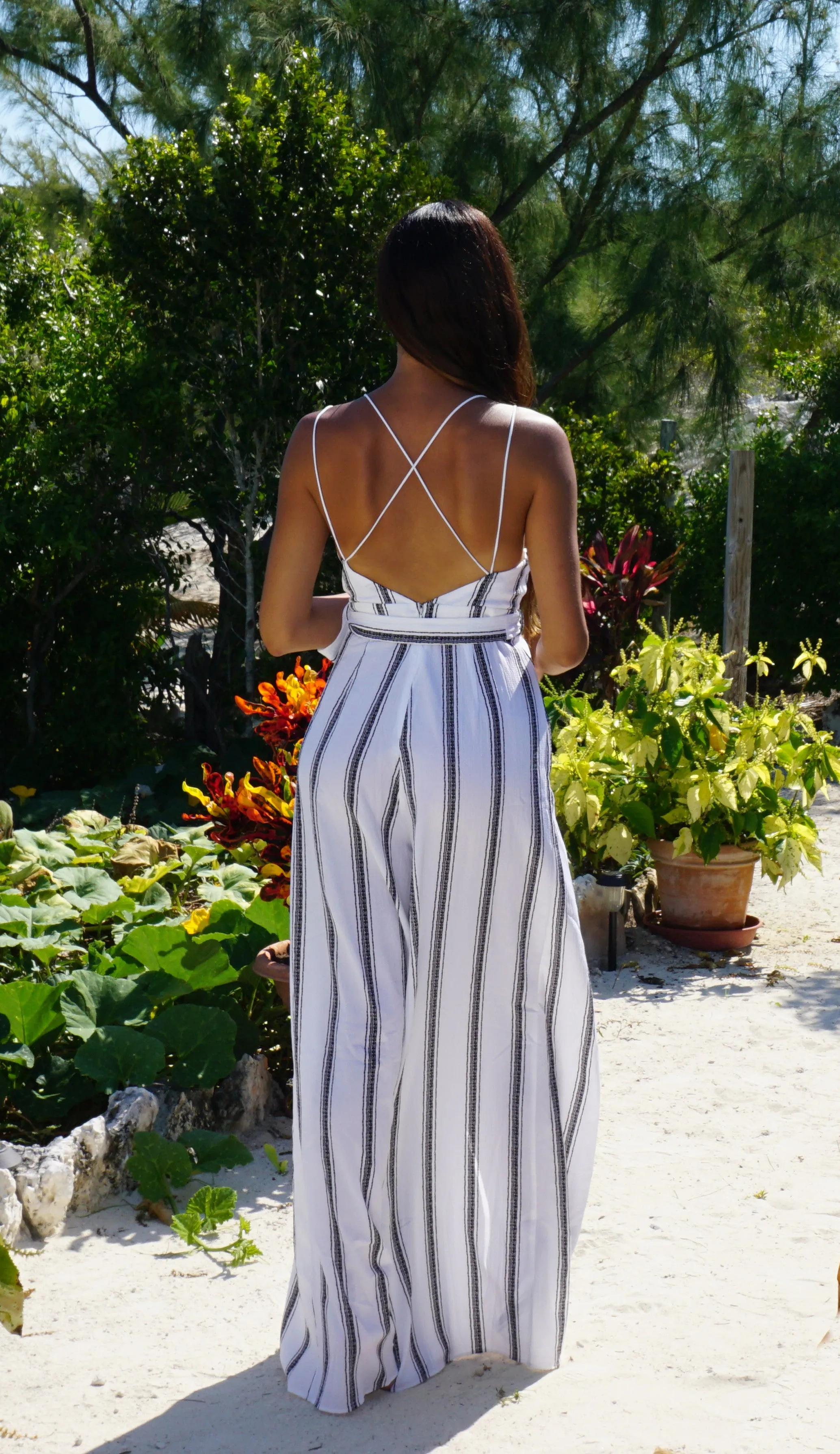 Sweet Center Slit Jumpsuit - Stripes