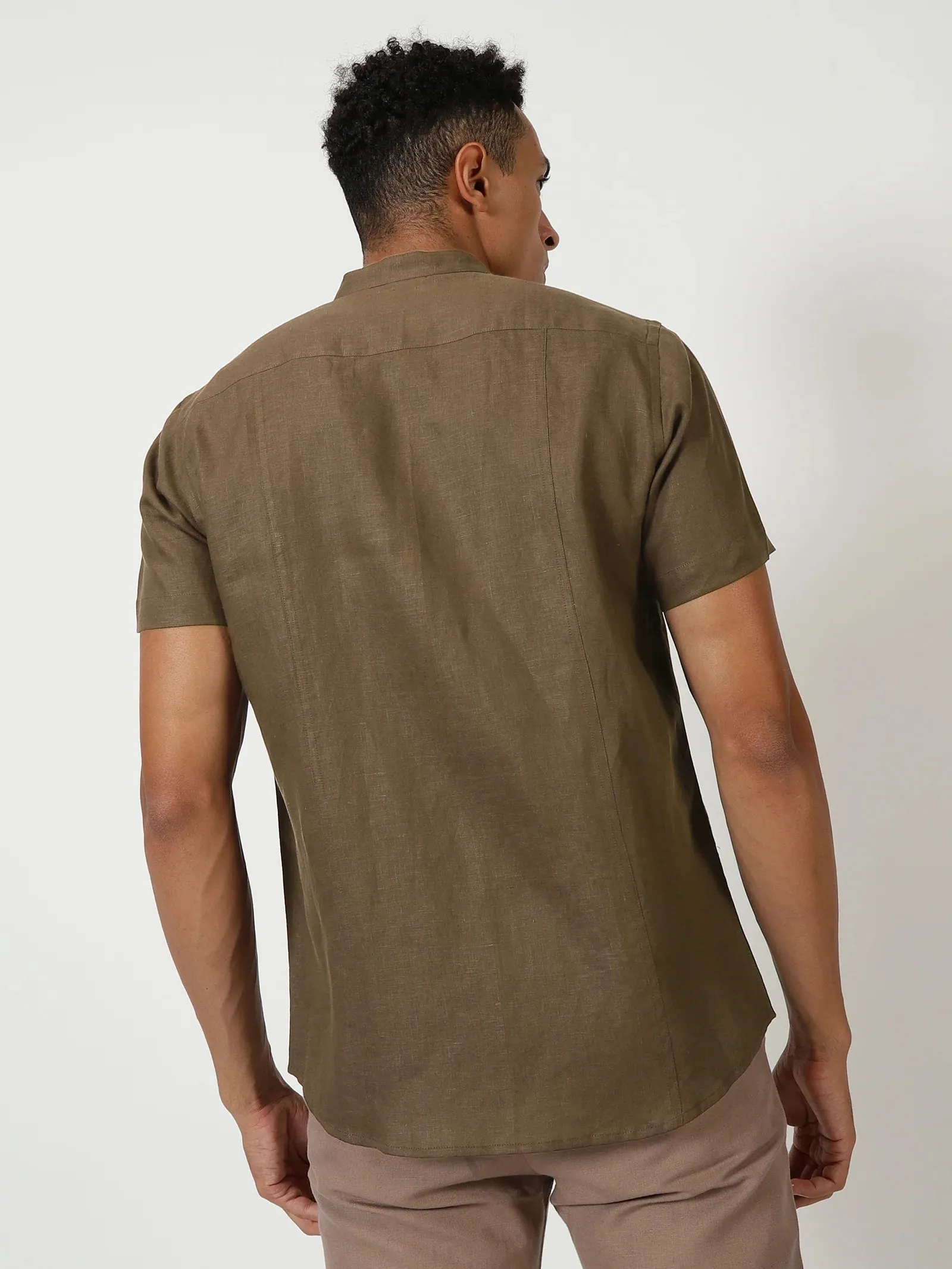 Trevor - Pure Linen Mandarin Collar Half Sleeve Shirt - Hazelnut Brown
