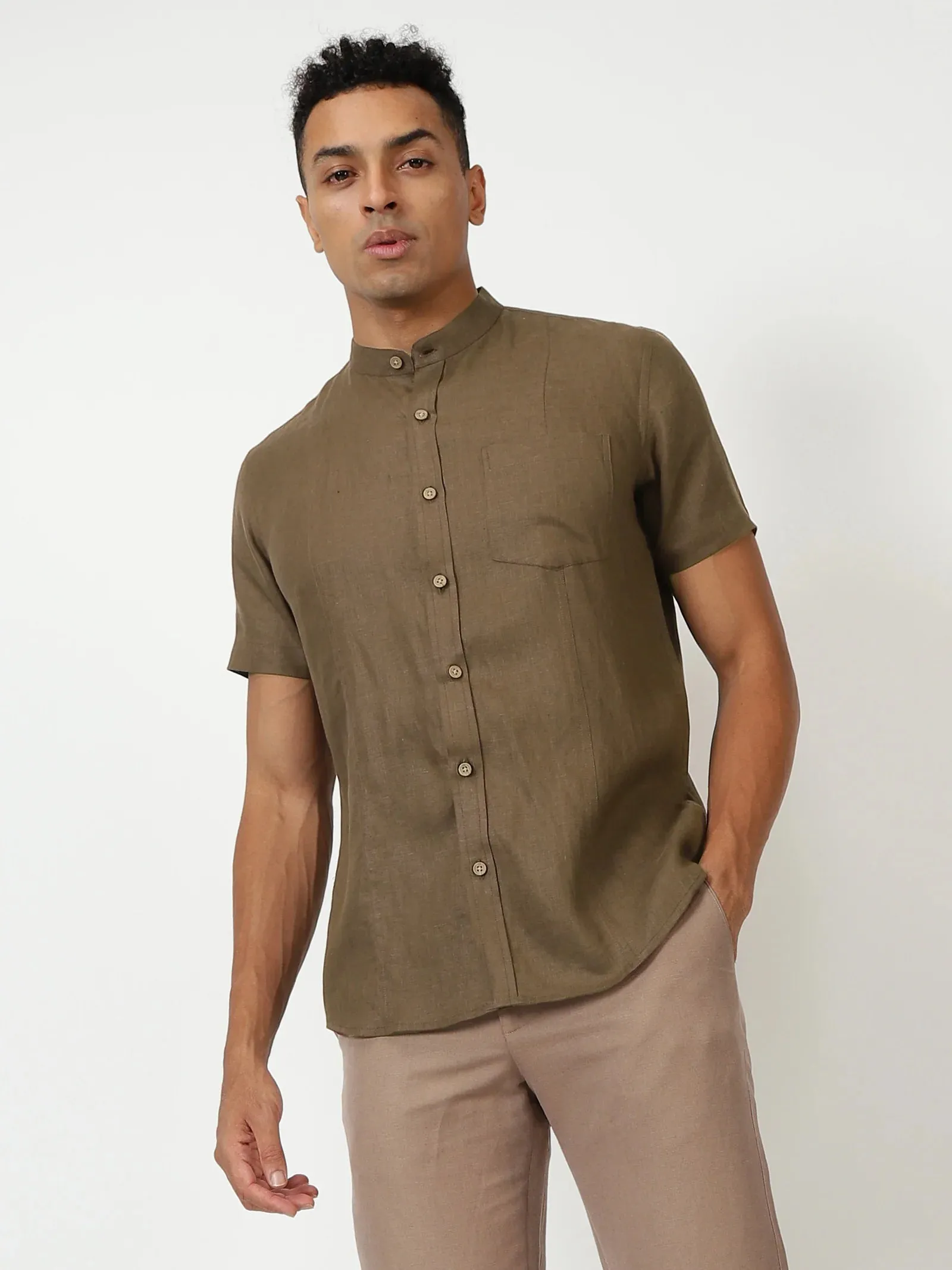 Trevor - Pure Linen Mandarin Collar Half Sleeve Shirt - Hazelnut Brown