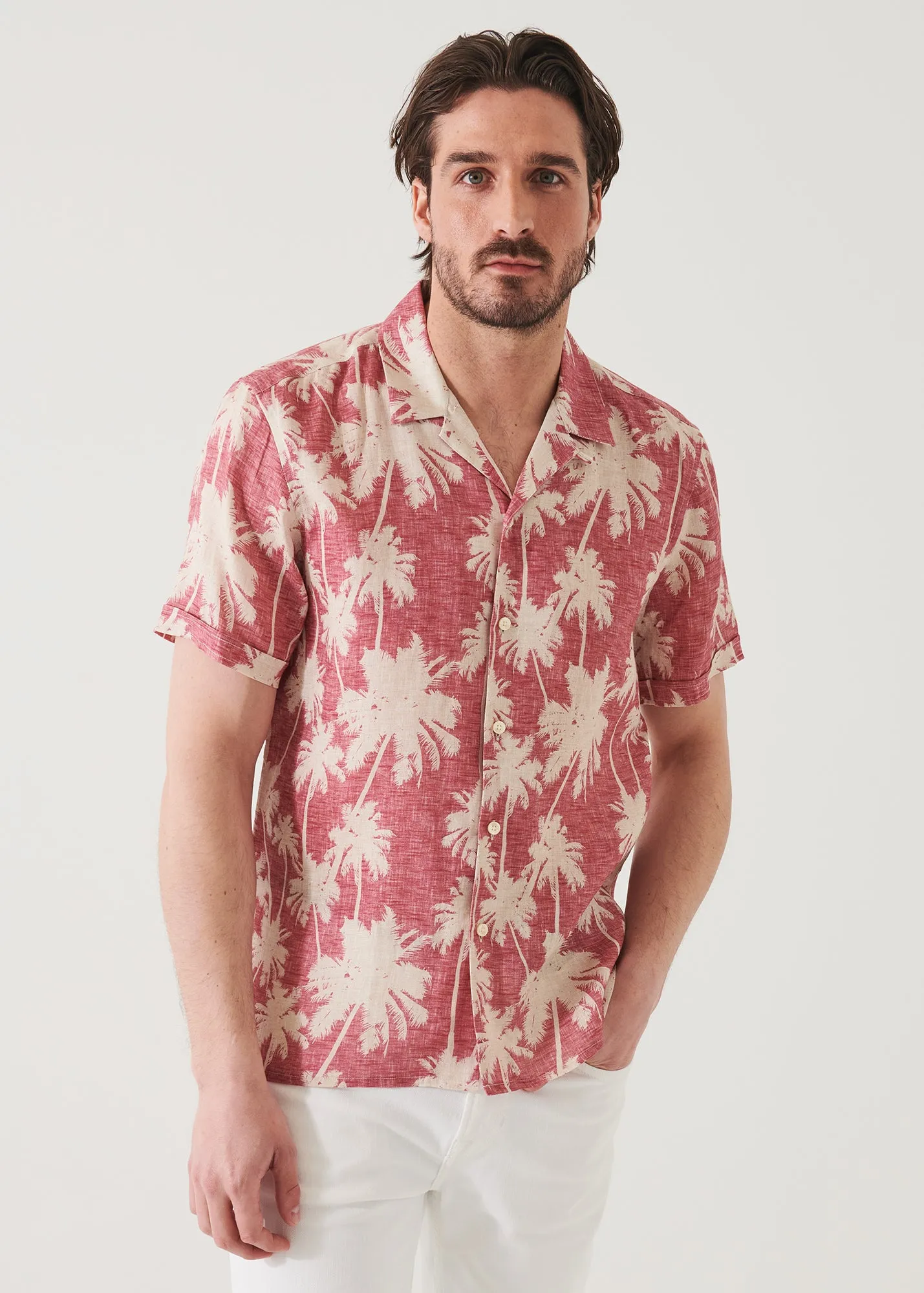 TROPICAL PRINT CAMP COLLAR LINEN SHIRT