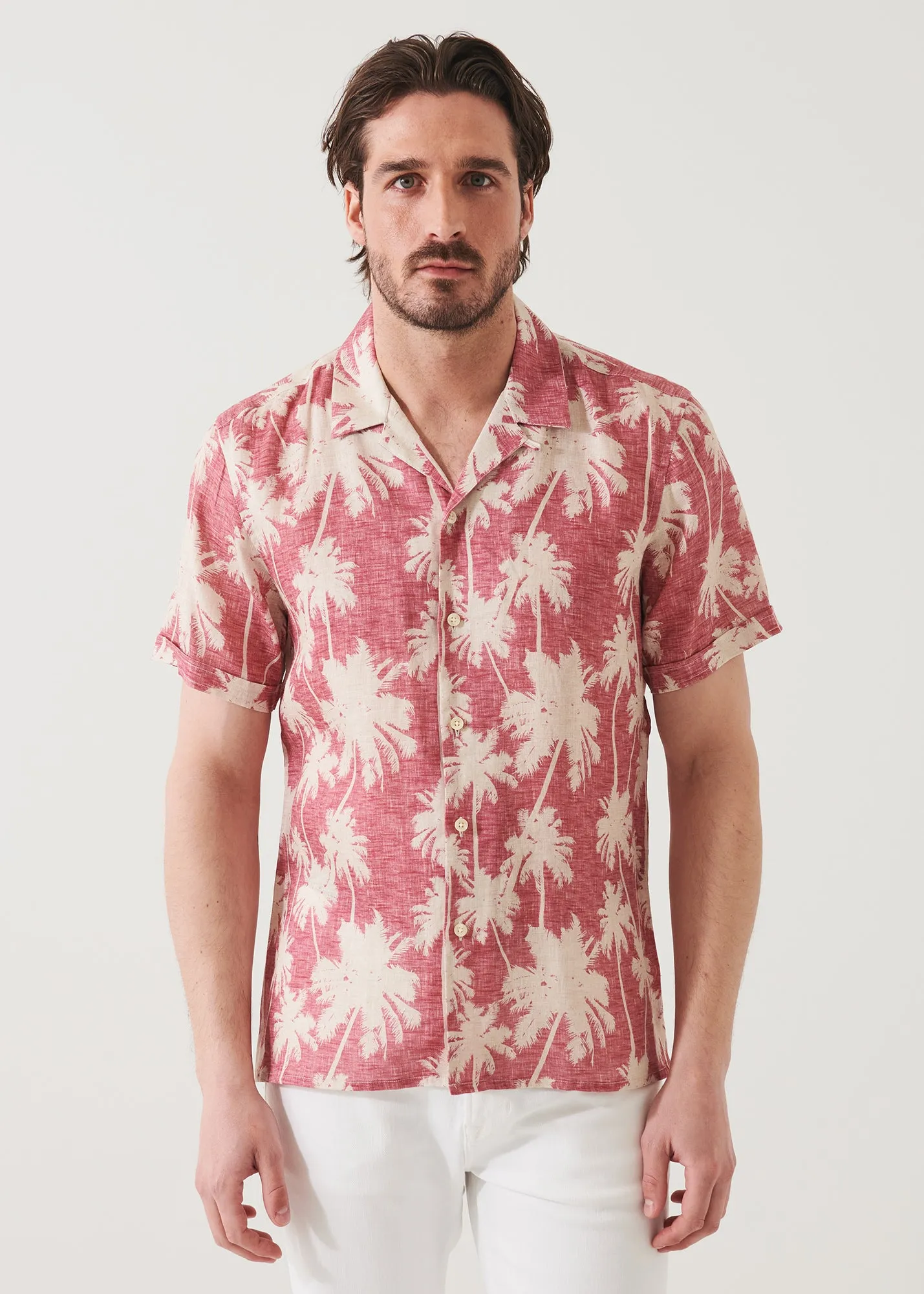 TROPICAL PRINT CAMP COLLAR LINEN SHIRT