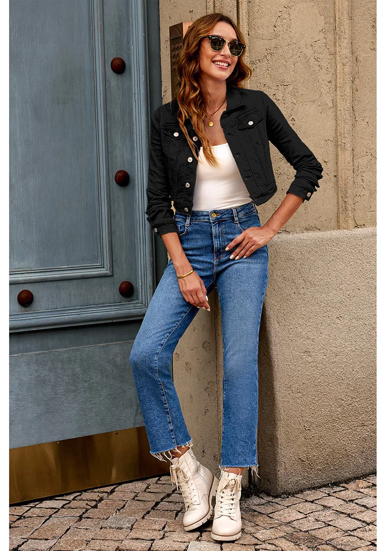 True Black Women's Basic Long Sleeves Fitted Denim Cropped Jacket