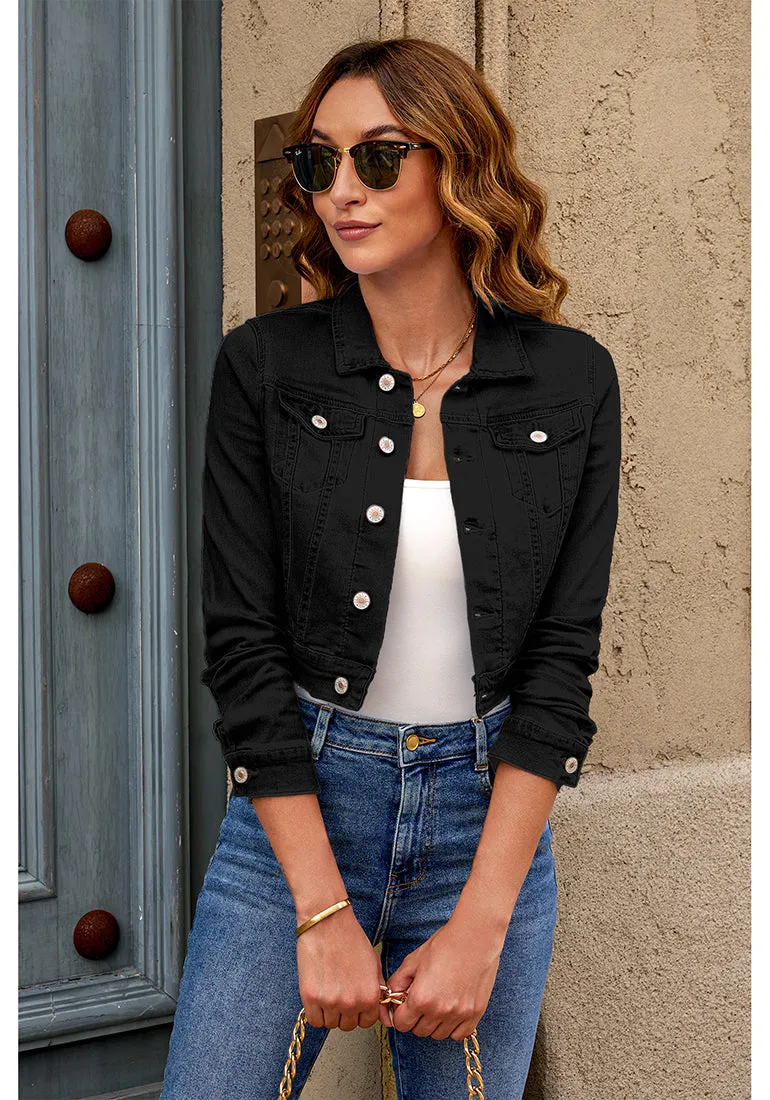True Black Women's Basic Long Sleeves Fitted Denim Cropped Jacket