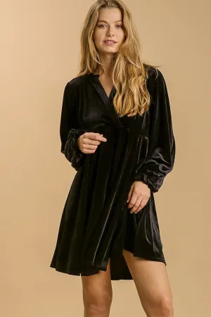 Umgee Velvet Dress with Puff Sleeves and Split Neckline in Black