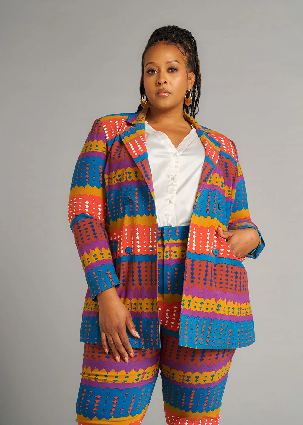 Uyai Women's African Print Stretch Blazer (Orange Teal Adire) - Clearance