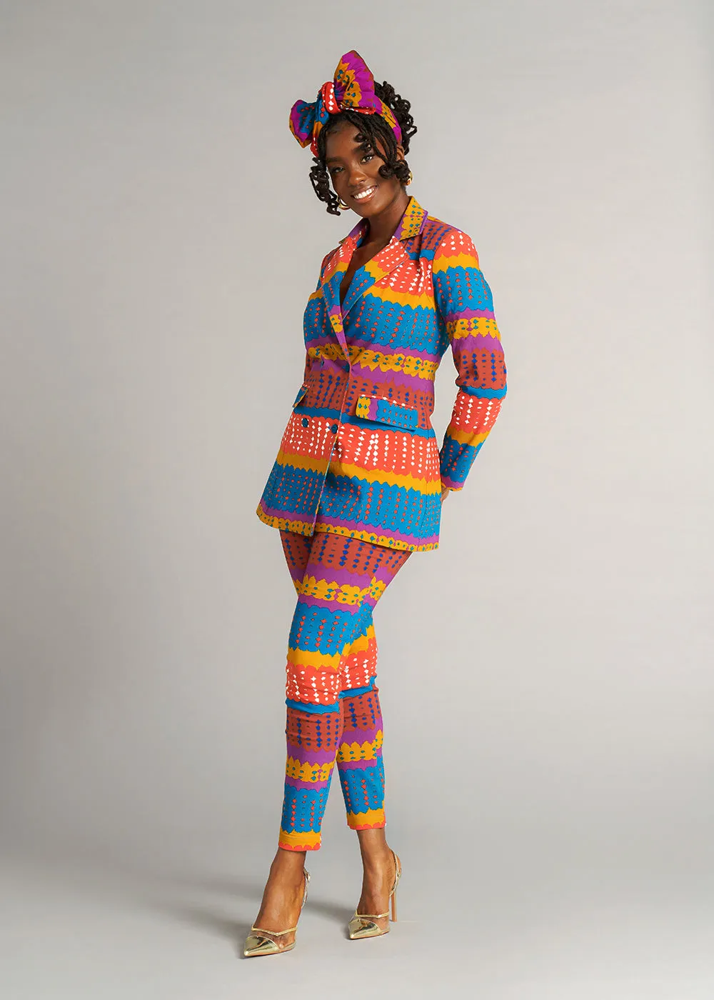 Uyai Women's African Print Stretch Blazer (Orange Teal Adire) - Clearance