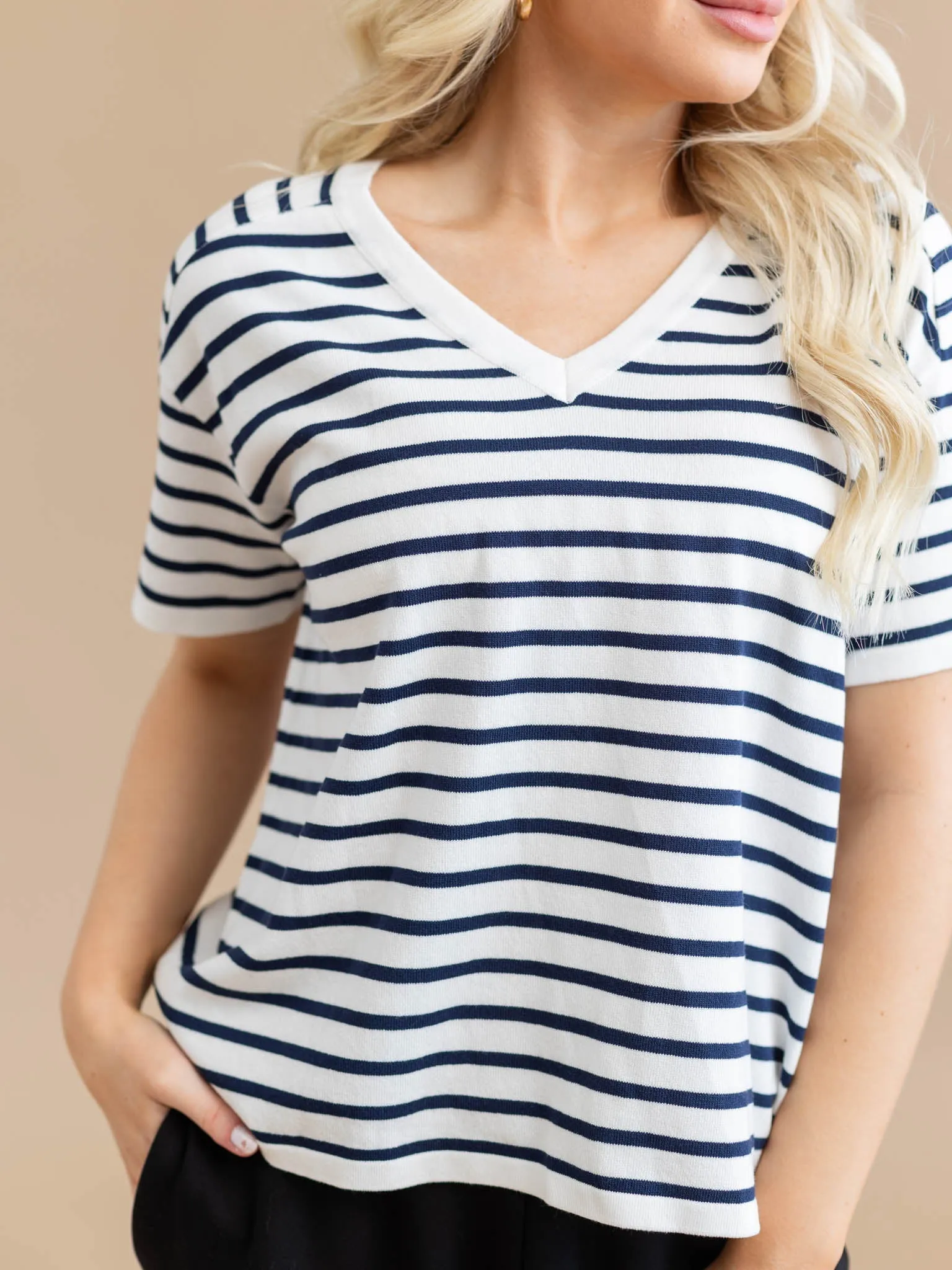 V-Neck Short Sleeve Striped Sweater