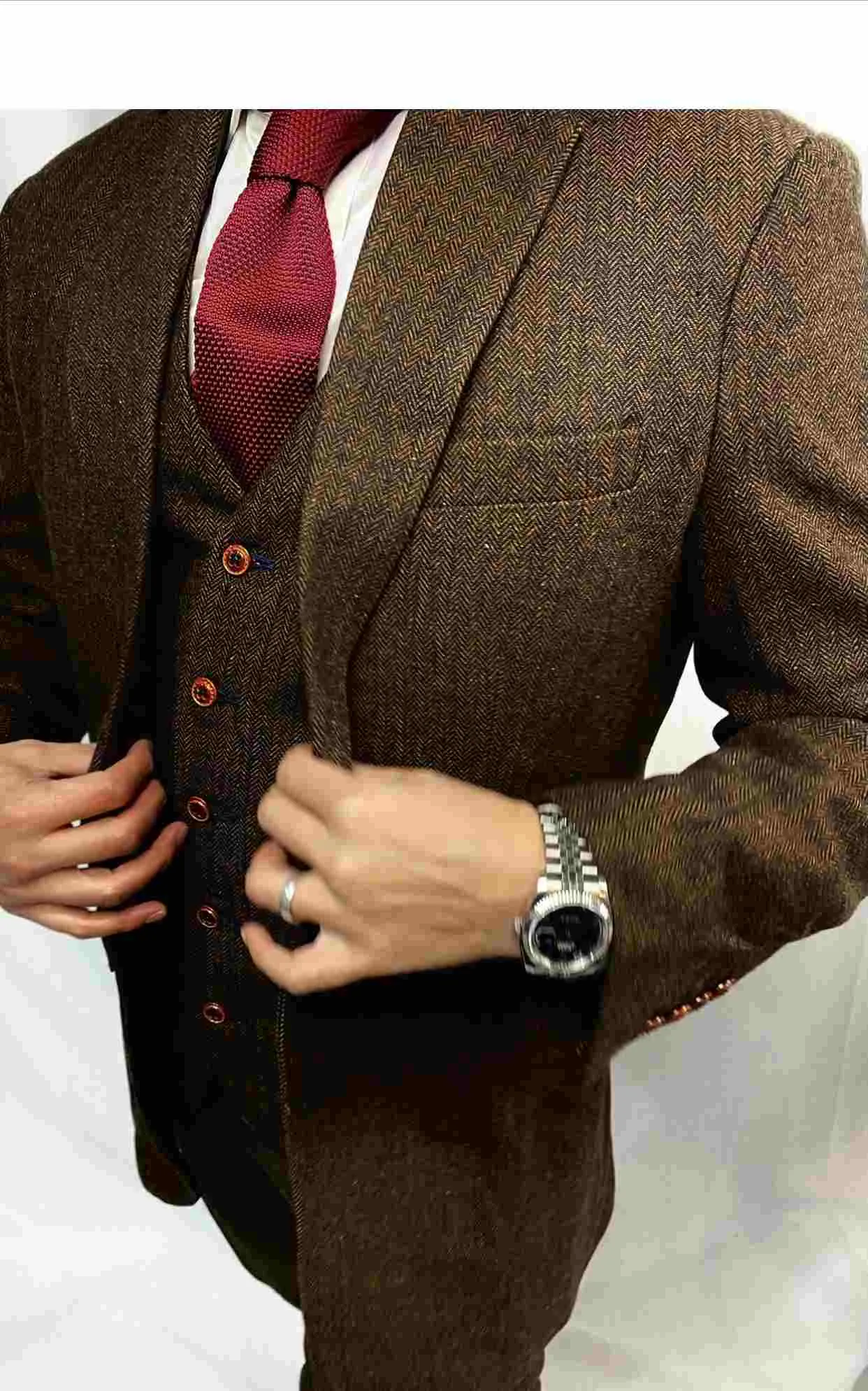 Wedding Brown Estate Herringbone 3 Piece Tweed Suit