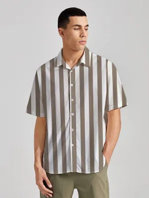 White And Brown Vertical Stripes Printed Men's Linen Effect Shirt