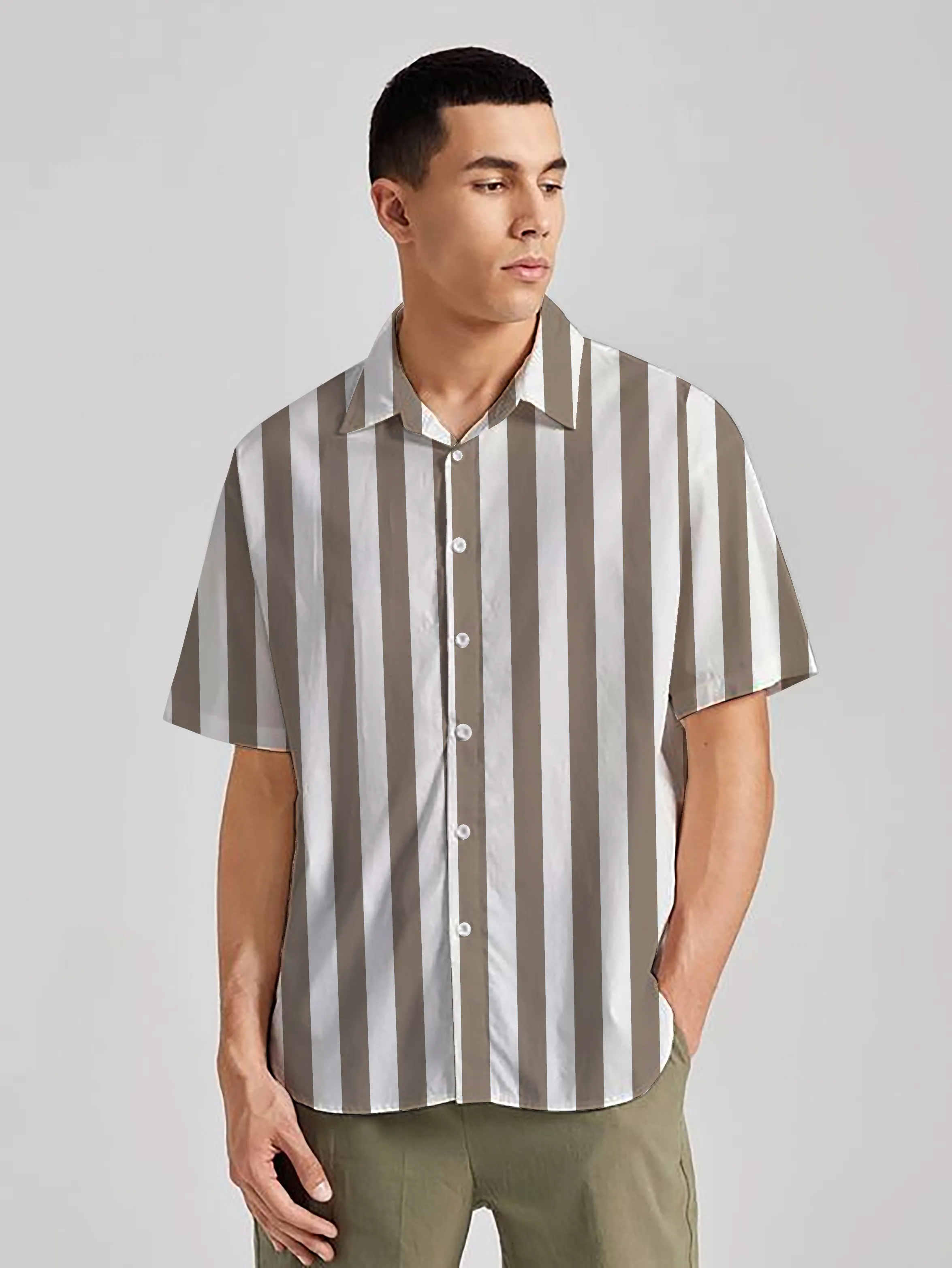 White And Brown Vertical Stripes Printed Men's Linen Effect Shirt