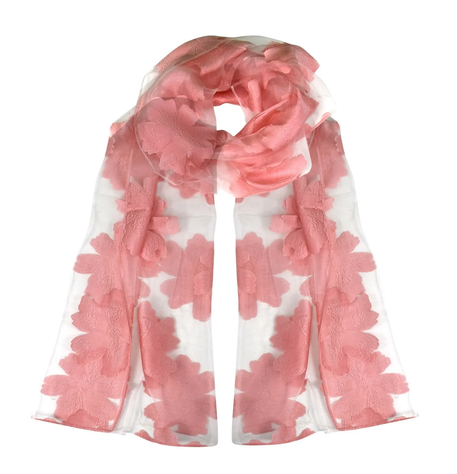 White Pink Summer Fashion Lightweight Floral Embroidered Burnout Scarf