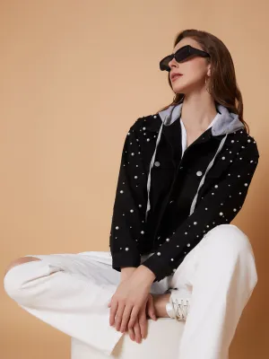Women Detachable Hooded Black Denim Jacket
