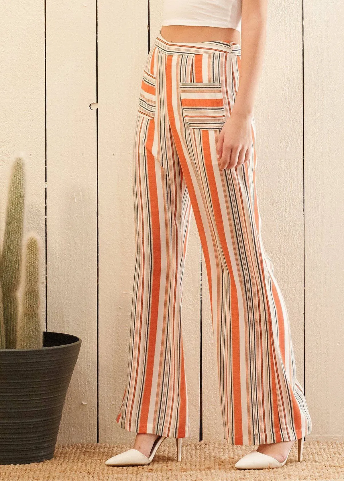 Women's High-waisted Palazzo in Rust Multi Stripe